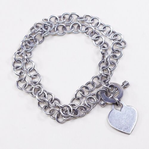 18” 8mm, Vtg 925 Sterling Silver Handmade Bold Circle chain Heart Charm necklace