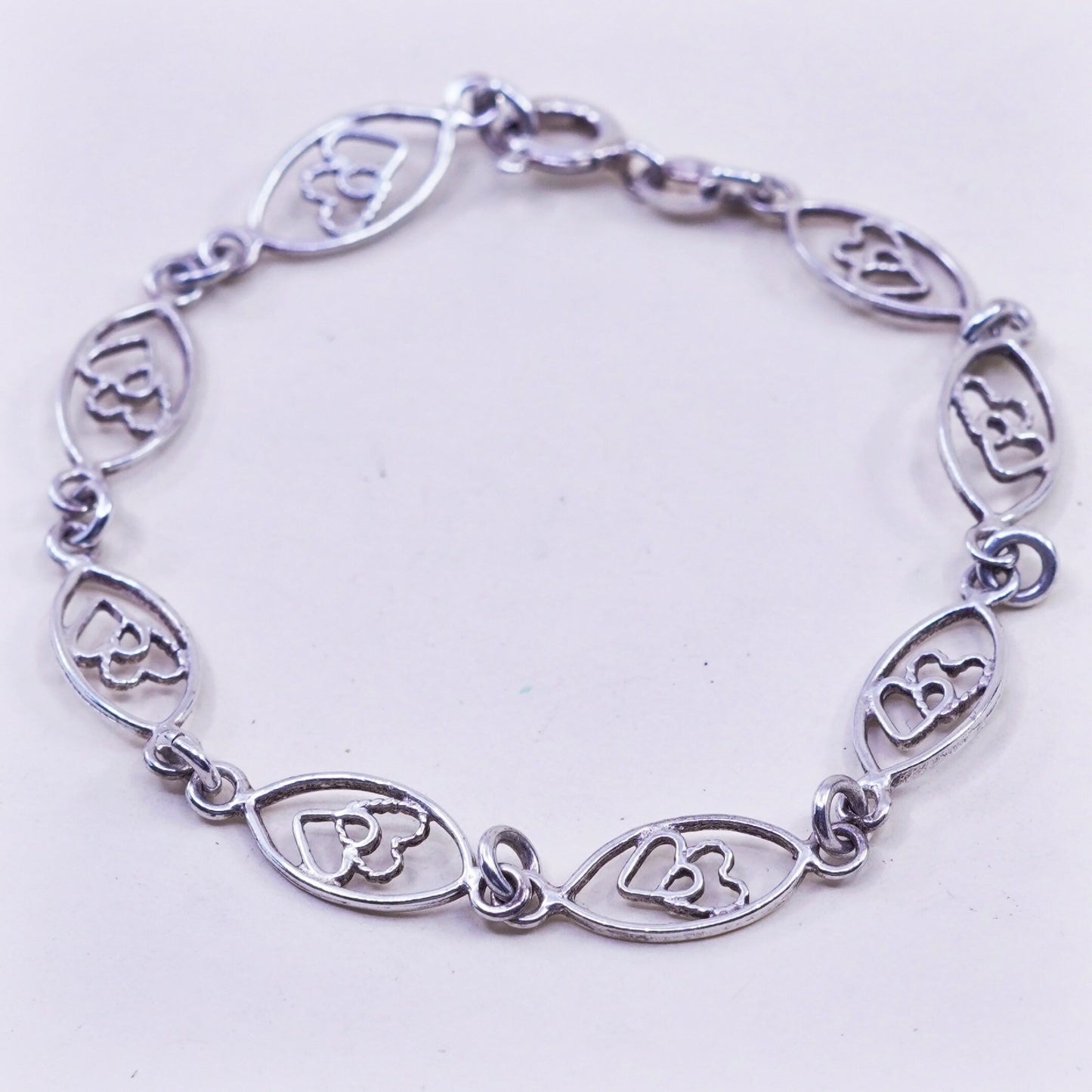 6.5”, Vintage sterling silver double heart chain, handmade 925 bracelet