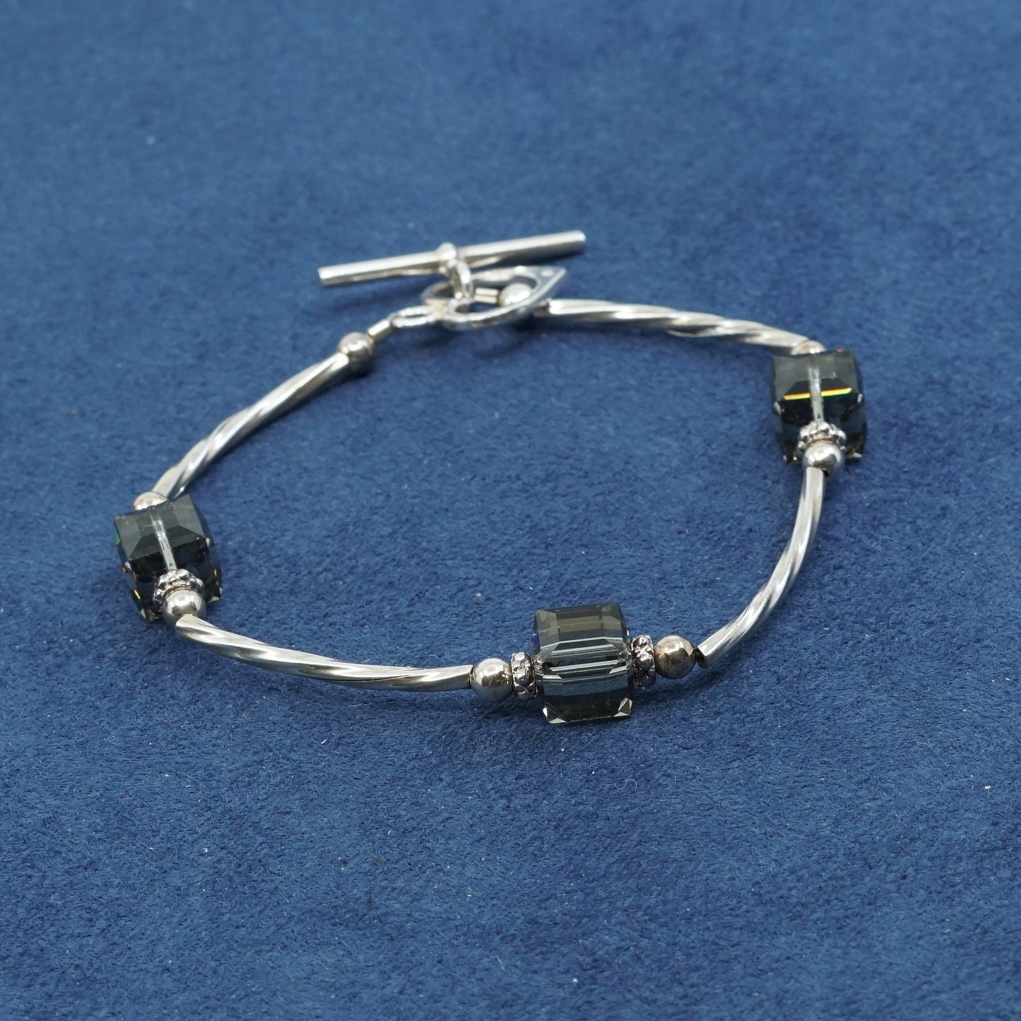 6.75", vtg Sterling silver handmade bracelet, 925 bar w/ Swarovski crystal