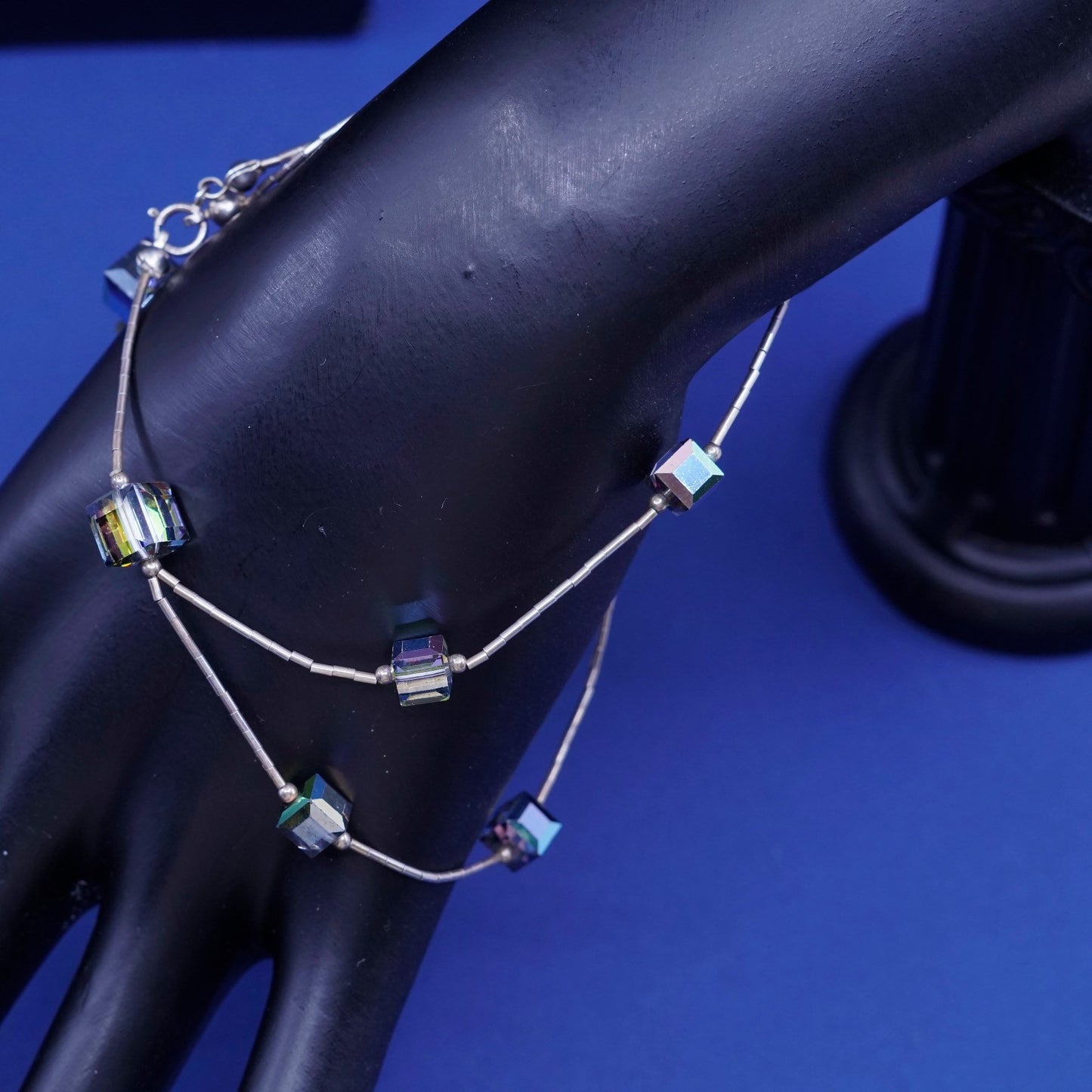 9.5”, sterling silver handmade bracelet, 925 liquid silver chain w/ crystal