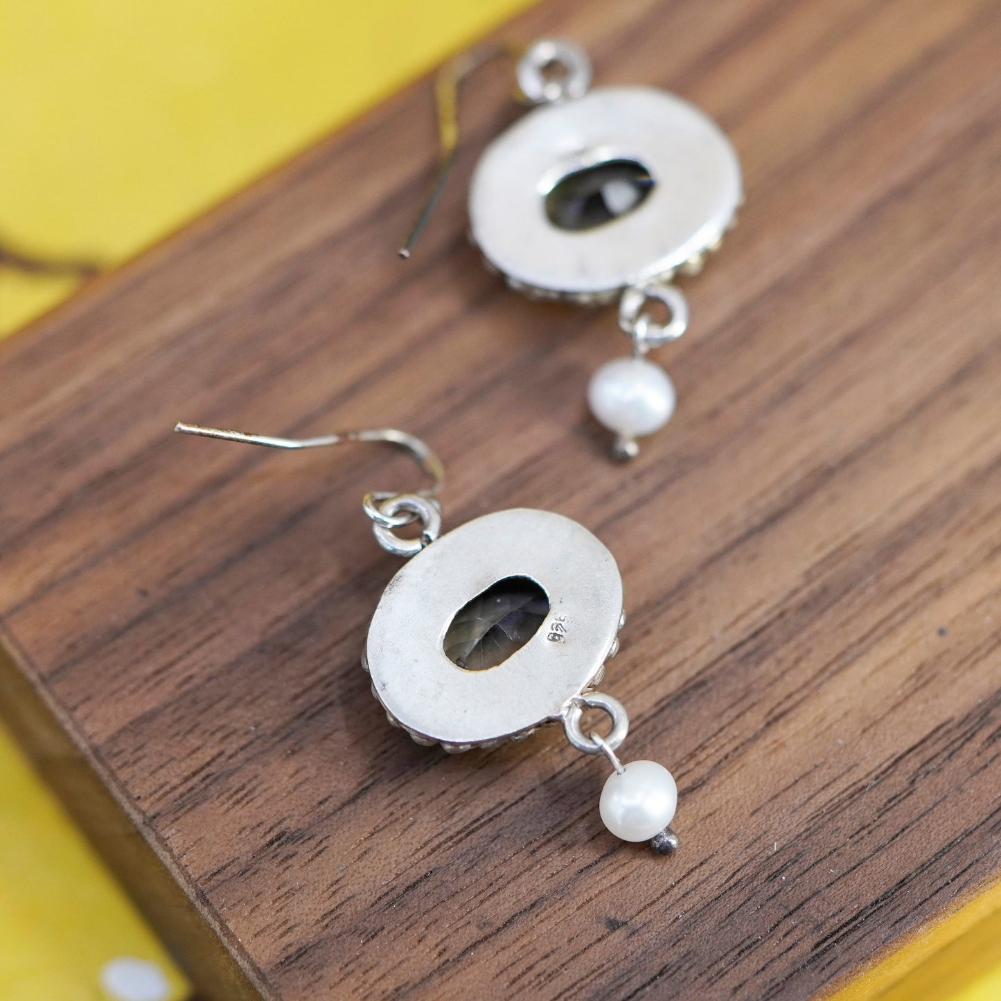 Vintage Sterling 925 silver handmade earrings with oval citrine and pearl