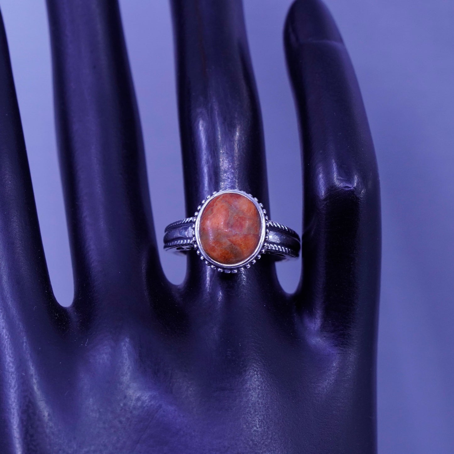 Size 7.25, vintage Sterling 925 silver handmade ring with red jasper and beads