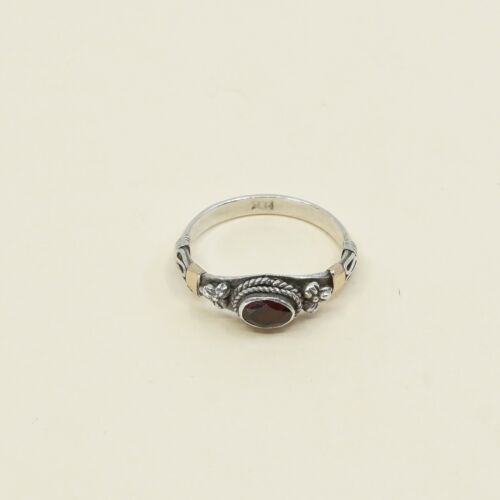 Sz 7.25, Vtg two tone 10K Sterling Silver Handmade Ring w/ Ruby N Beads