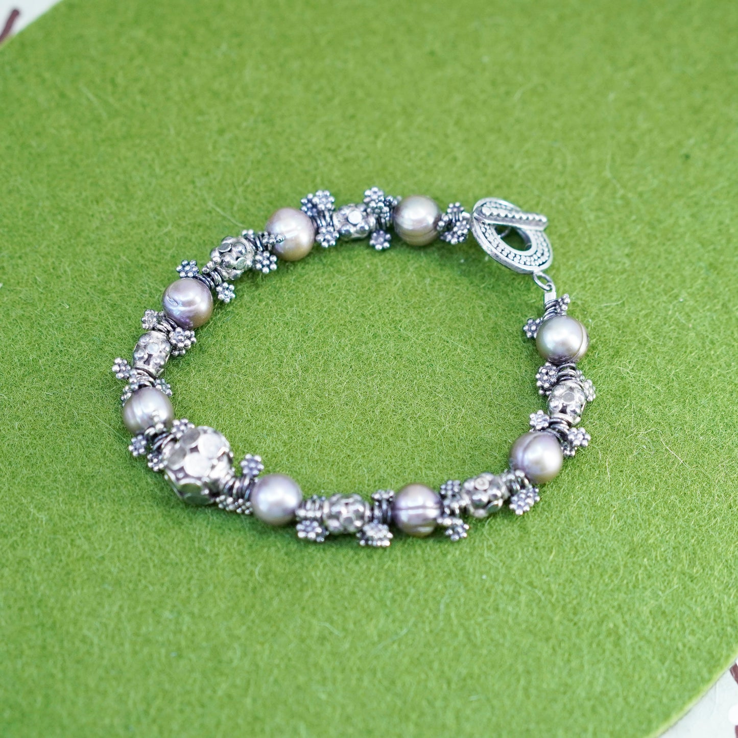 6.75”, Vintage handmade bracelet, pearl beads with sterling 925 silver beads