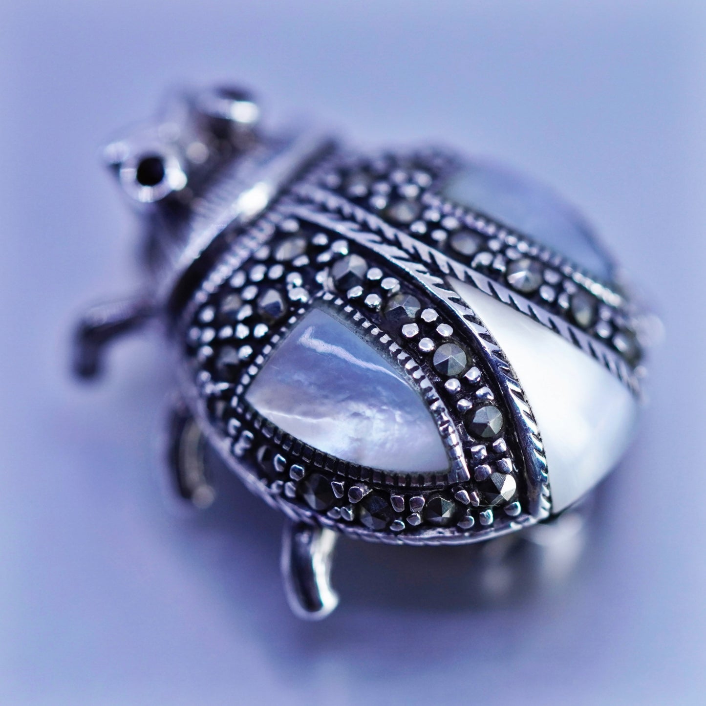 sterling silver handmade brooch, 925 ladybug pin with moonstone and marcasite
