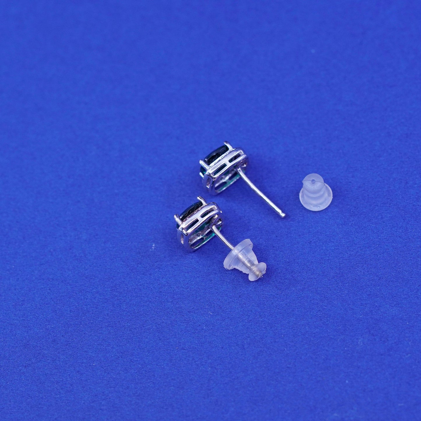 Vintage PM sterling silver handmade earrings, 925 studs with emerald and cz