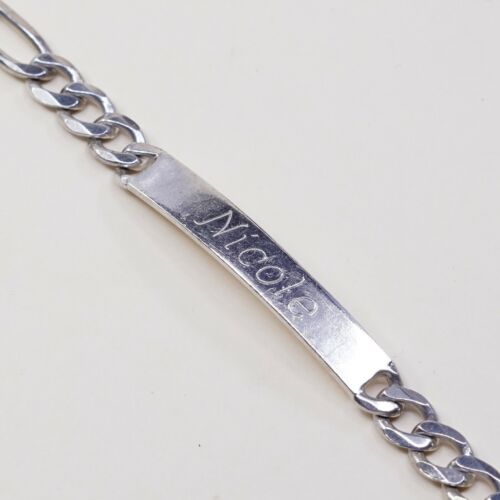 7.75”, 7mm Sterling Silver Handmade Bracelet, Vtg 925 Curb Name Nicole Tag
