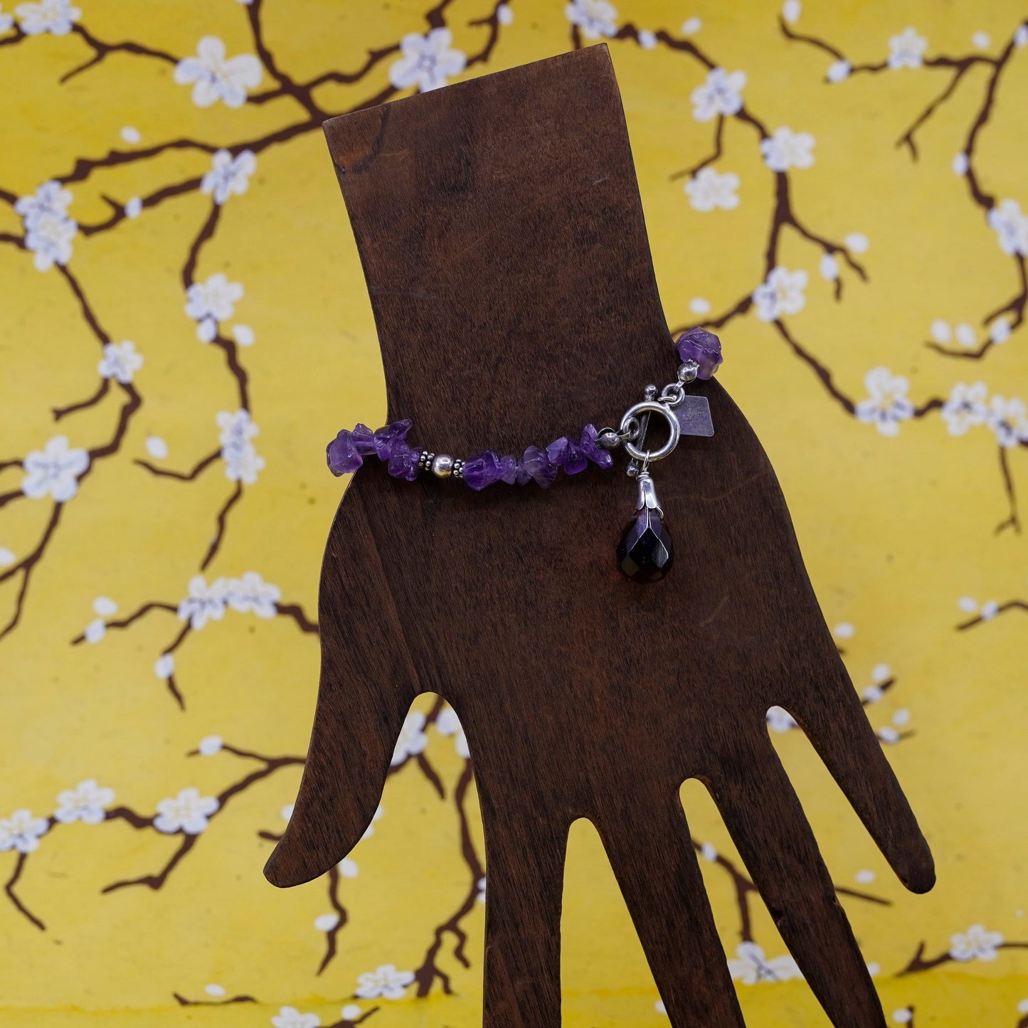 6.5”, Sterling silver handmade bracelet, irregular amethyst beads teardrop