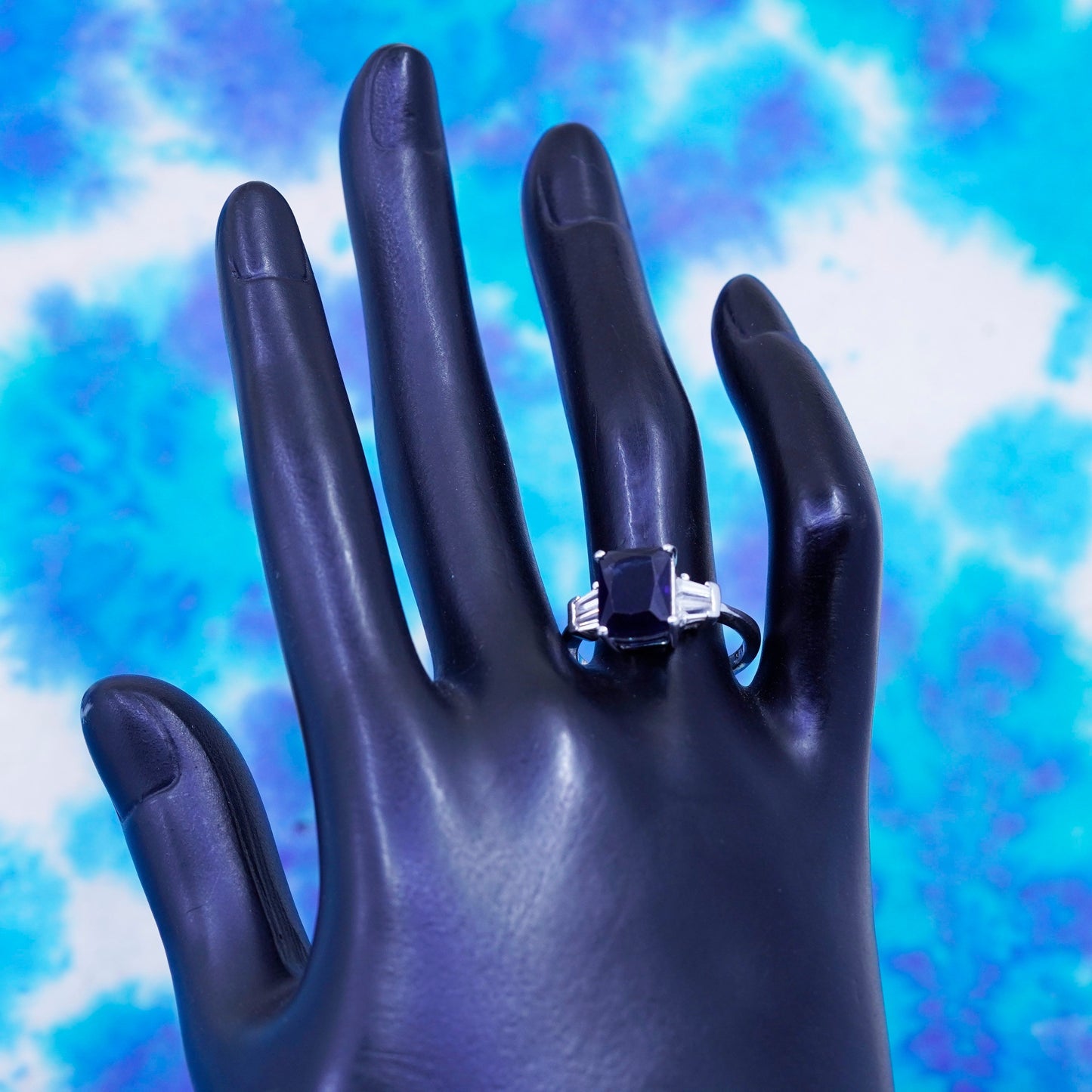 Size 8.25, vintage Sterling 925 silver handmade ring with sapphire and crystal