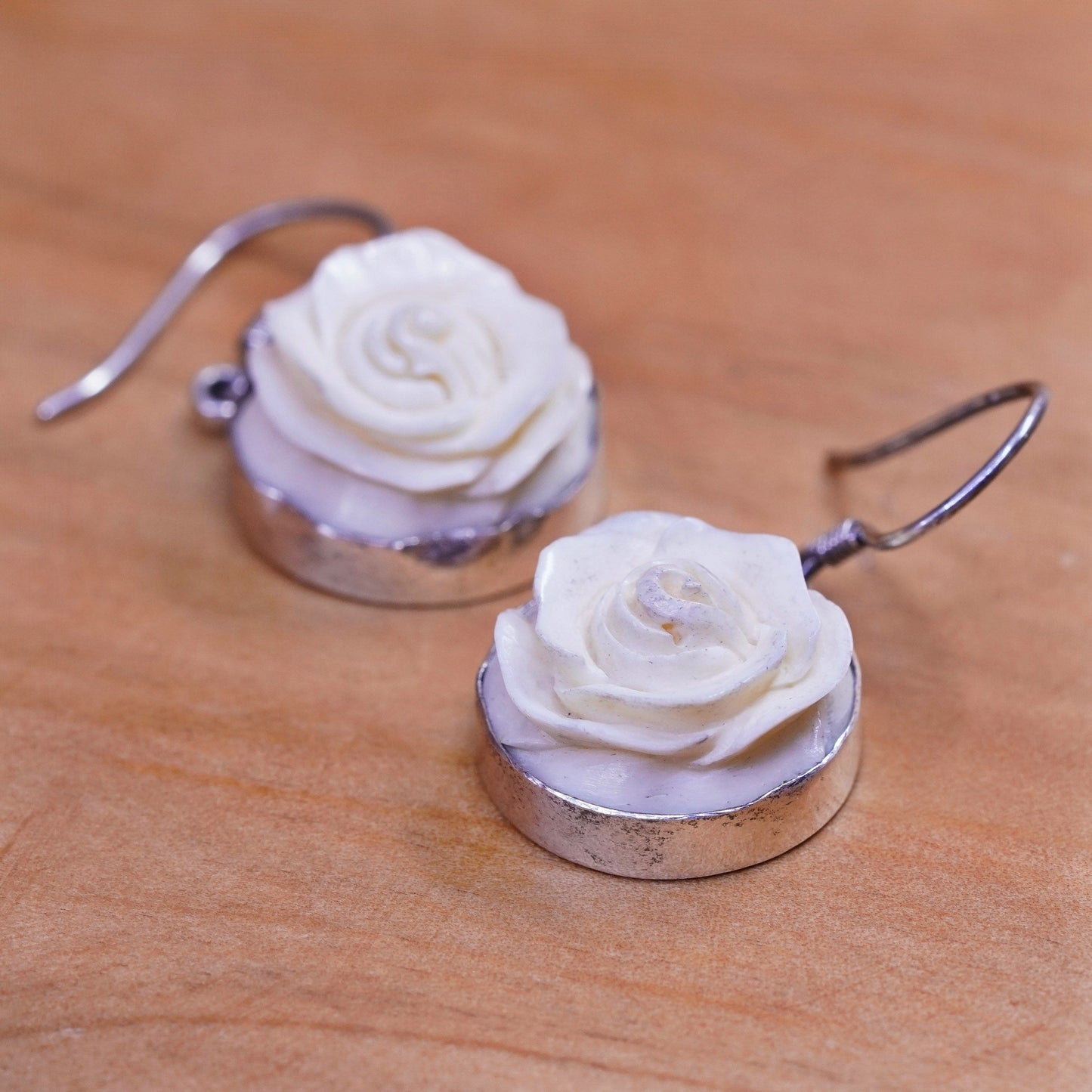Vintage Sterling 925 silver handmade earrings, carved rose flower drops