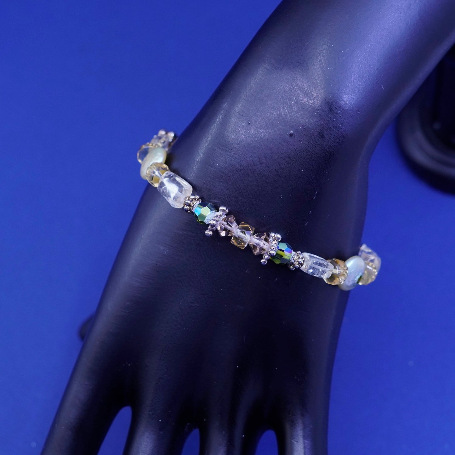 7”, sterling 925 silver handmade bracelet, genuine pearl w/ pink crystal beads