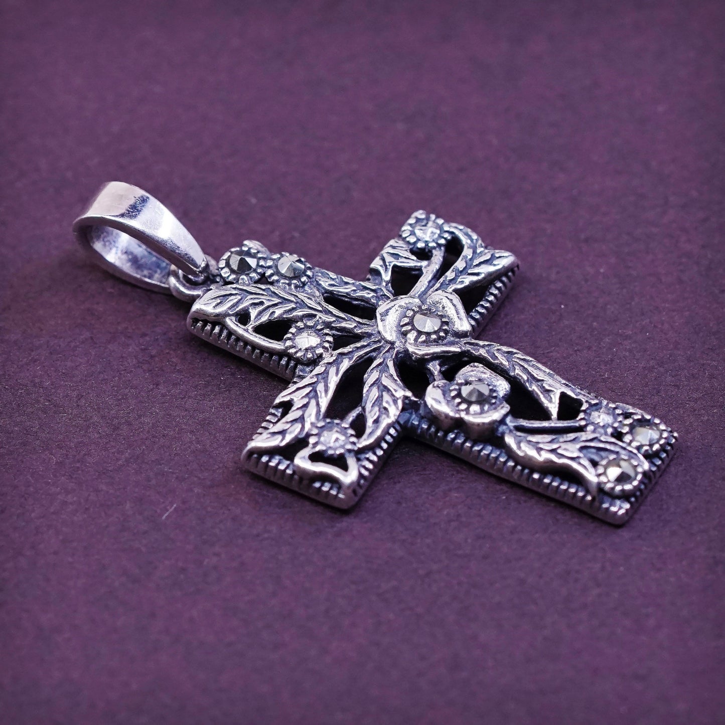 Sterling silver handmade pendant, 925 cross w/ marcasite details