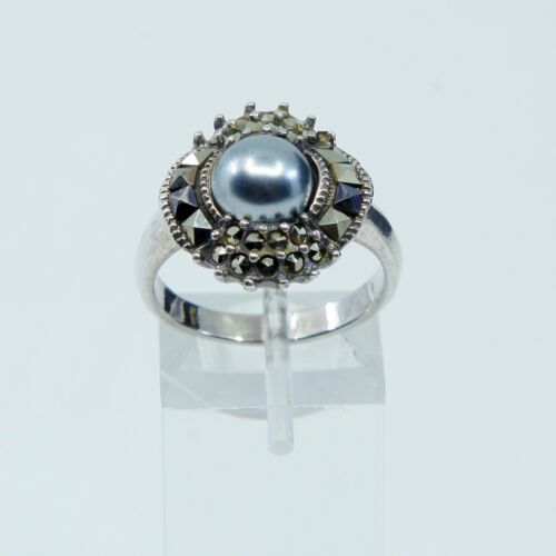 Sz 8.25, Vtg Sterling Silver Handmade Ring, 925 Silver W/ Faux pearl N Marcasite