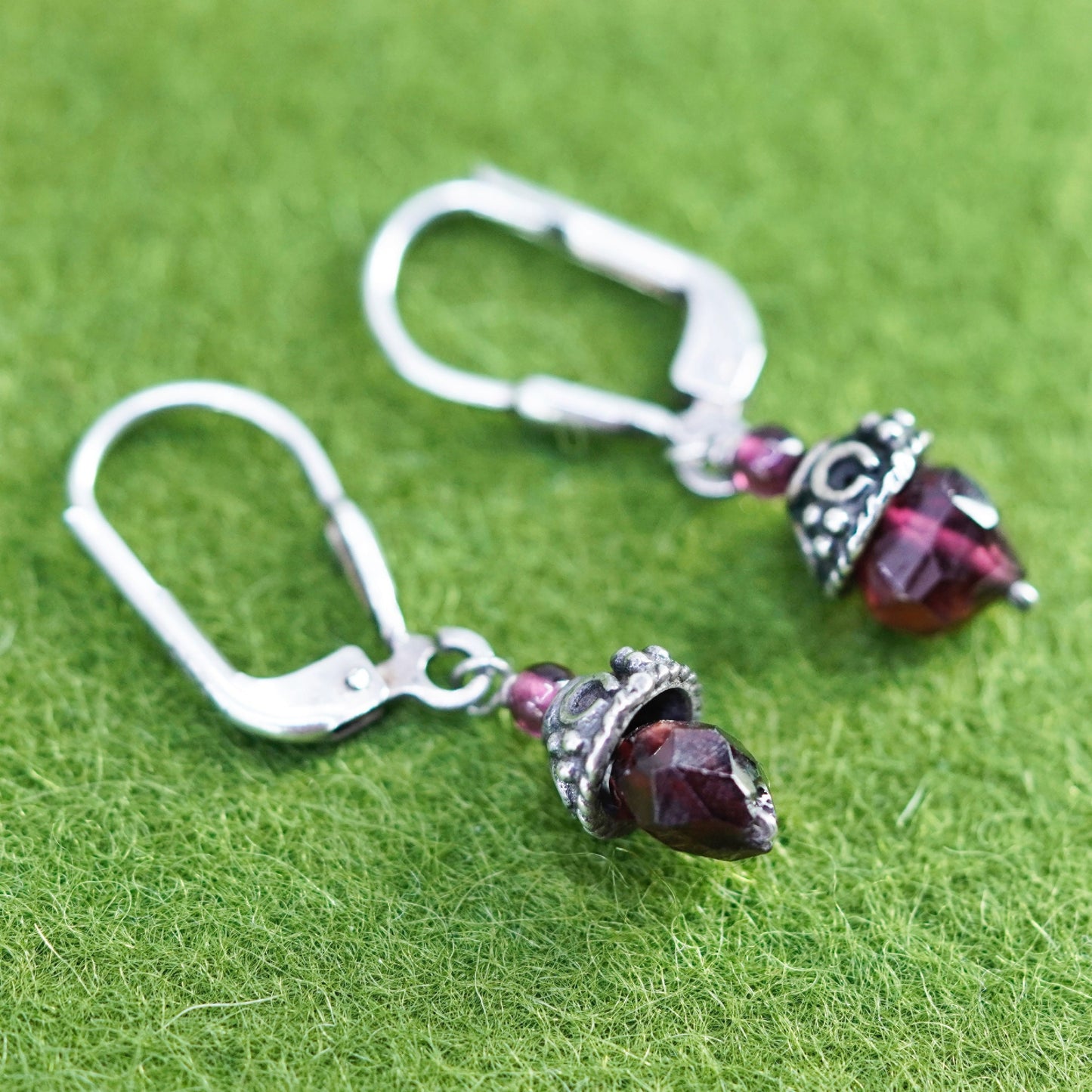 Vintage Sterling silver handmade earrings, 925 hooks with garnet beads