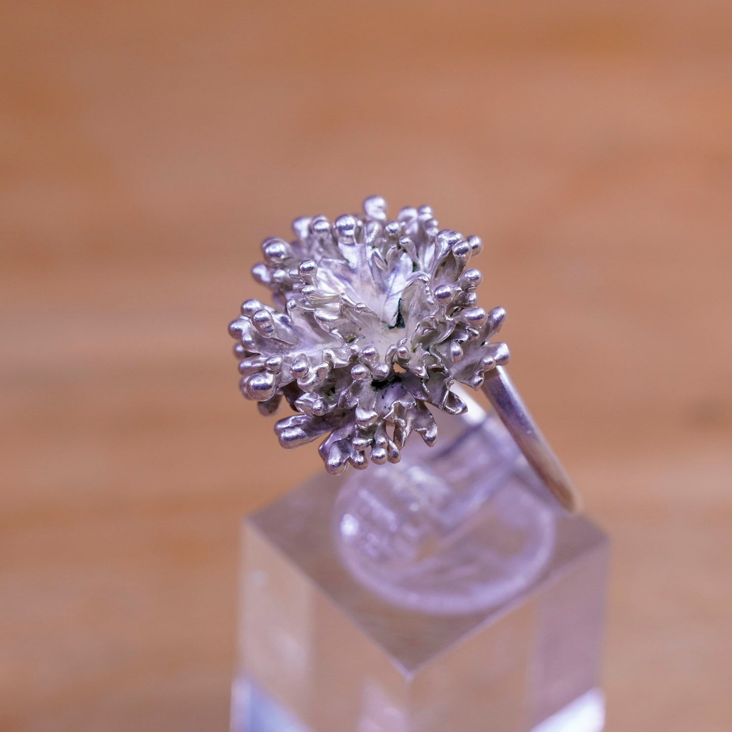 Size adjustable, vintage Sterling silver flower ring, 925 beaded flower band