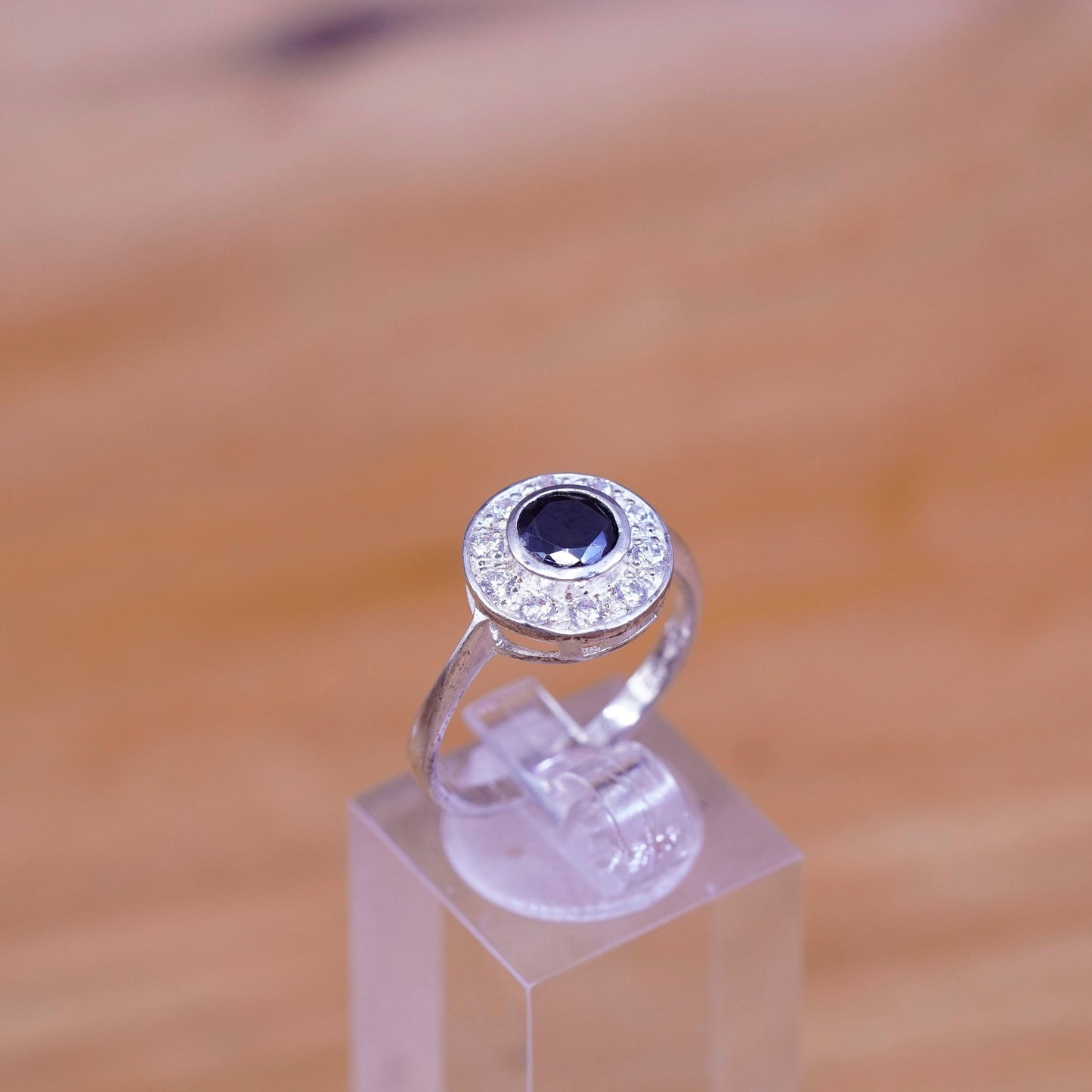 Size 8, Sterling 925 silver shiny engagement ring with sapphire and Cz around