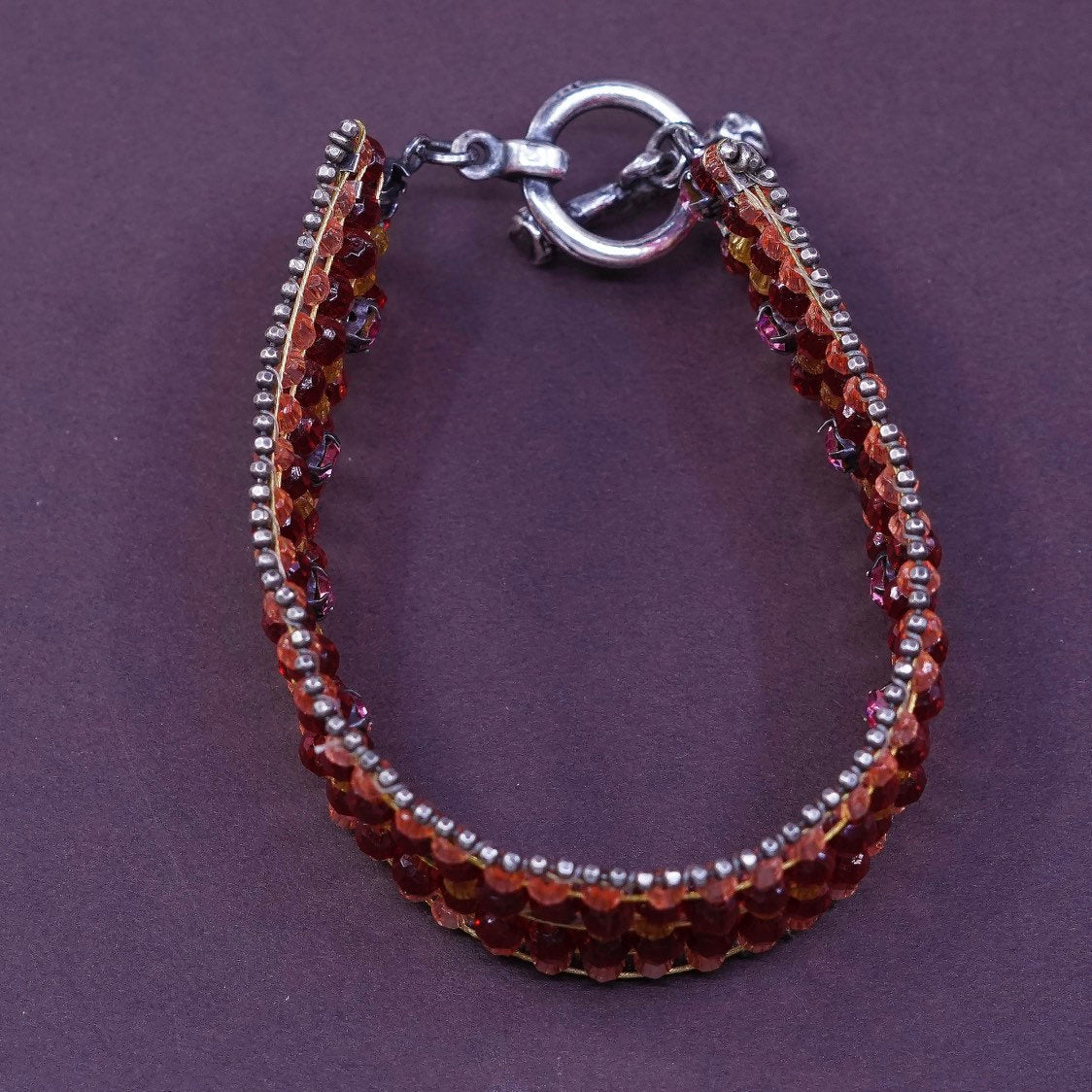 6.5", Sterling silver handmade beads bracelet, red Swarovski beads
