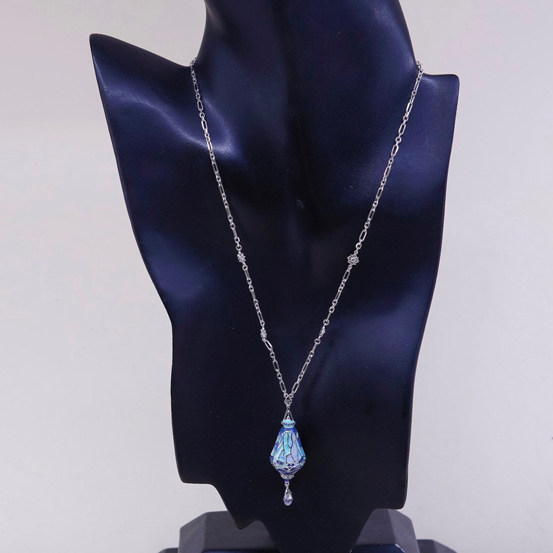 18”, BGE sterling 925 silver elongated chain necklace W teardrop enamel pendant