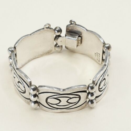 7”, Vintage Wide Heavy Beto Taxco Mexico 5 Panel Sterling Silver Bracelet