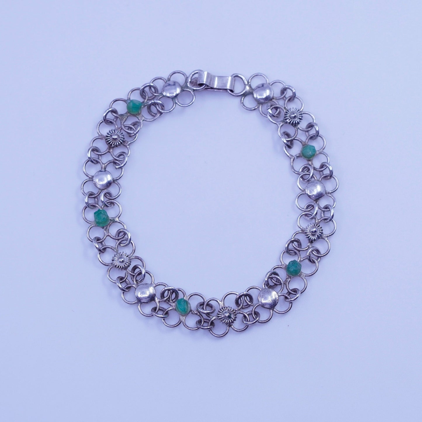 6.75”, vintage Sterling 925 silver bracelet with clover links and peridot