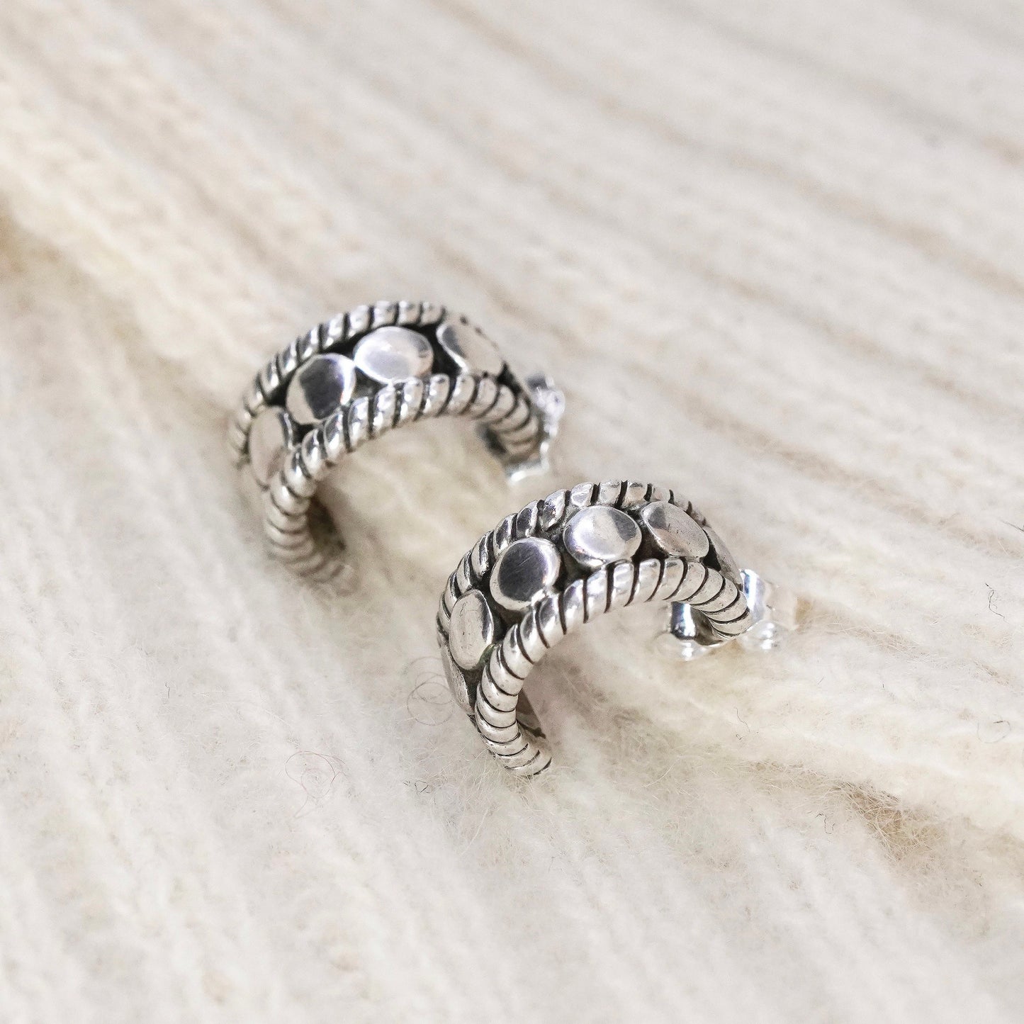 0.5”, Vintage Sterling silver handmade earrings, 925 Huggie hoops with beads