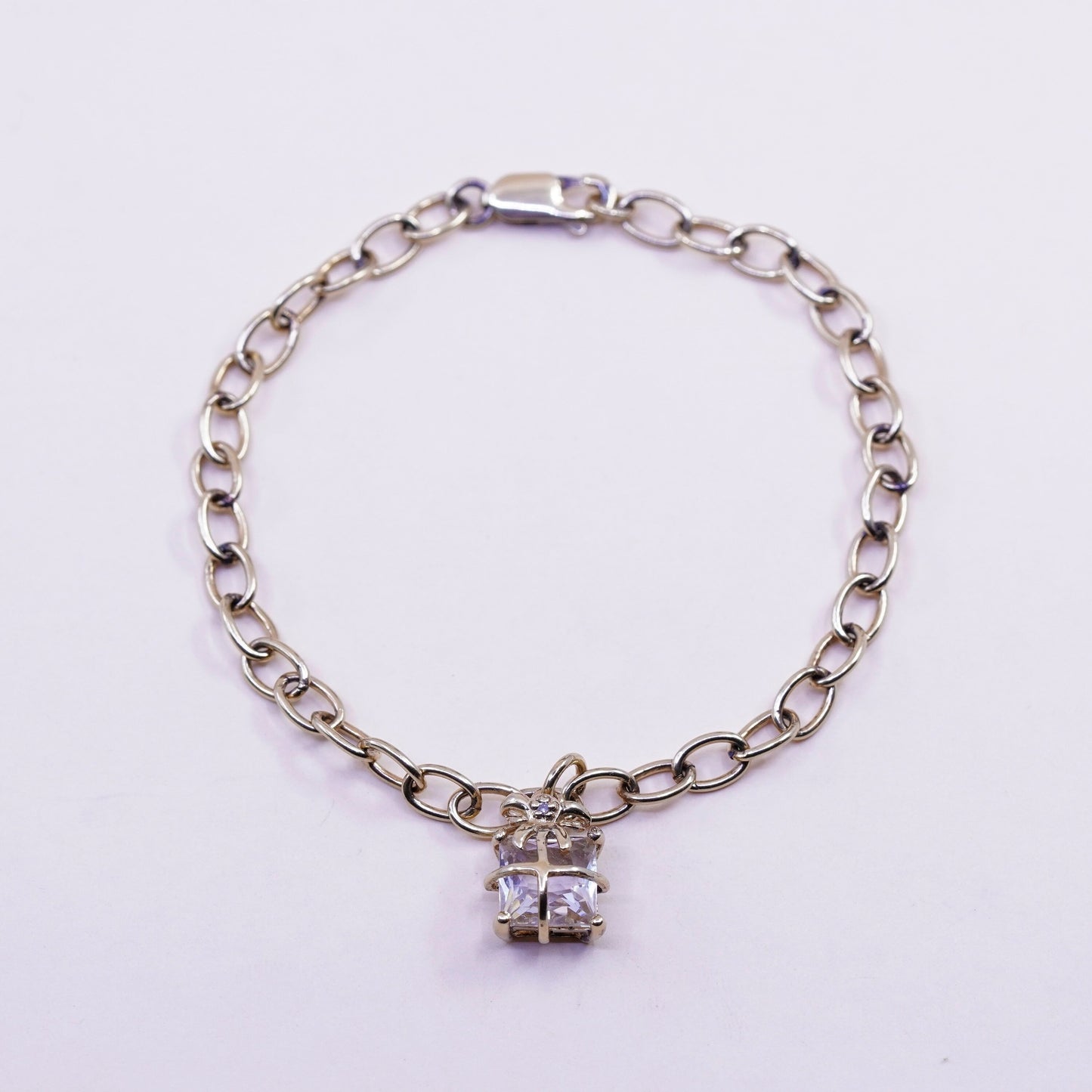 7.5”, vtg Vermeil gold over Sterling silver circle chain bracelet box charm cz