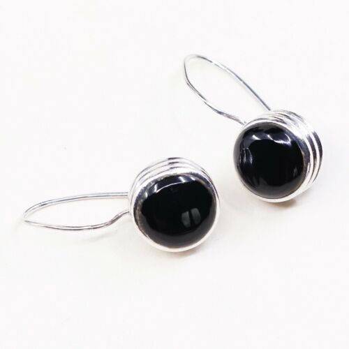 Vintage Sterling Silver Handmade Earrings, Southwestern 925 Dangles W/ Obsidian