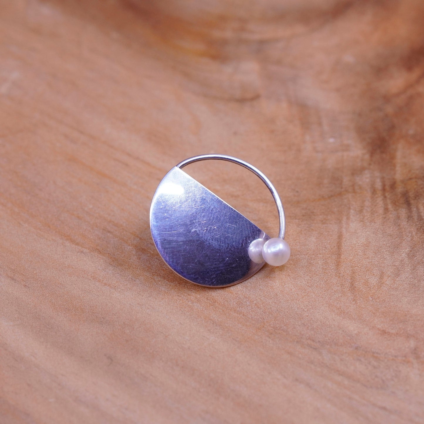 Vintage Sterling silver handmade disc studs, circle earrings with pearl