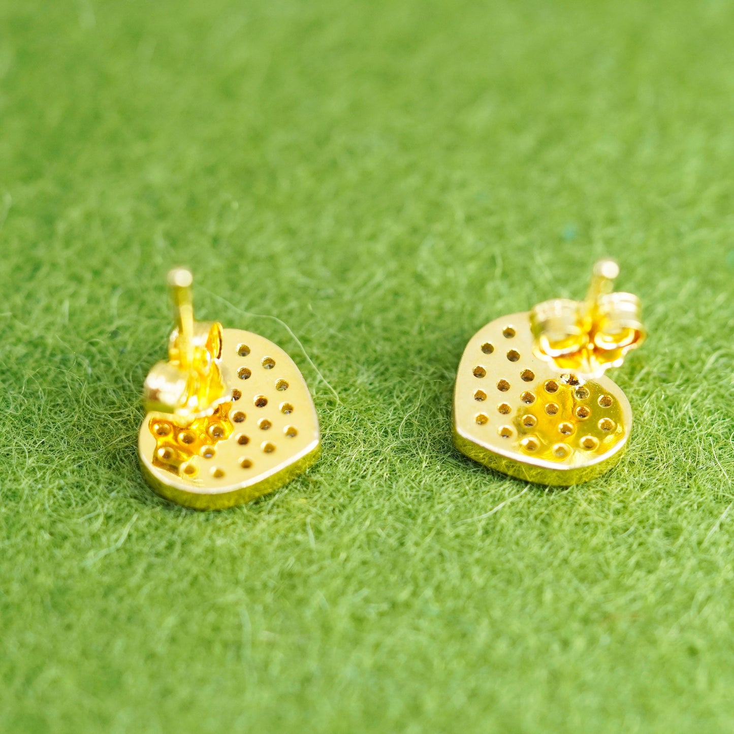 Vintage vermeil gold over Sterling silver earrings, 925 heart studs with cz