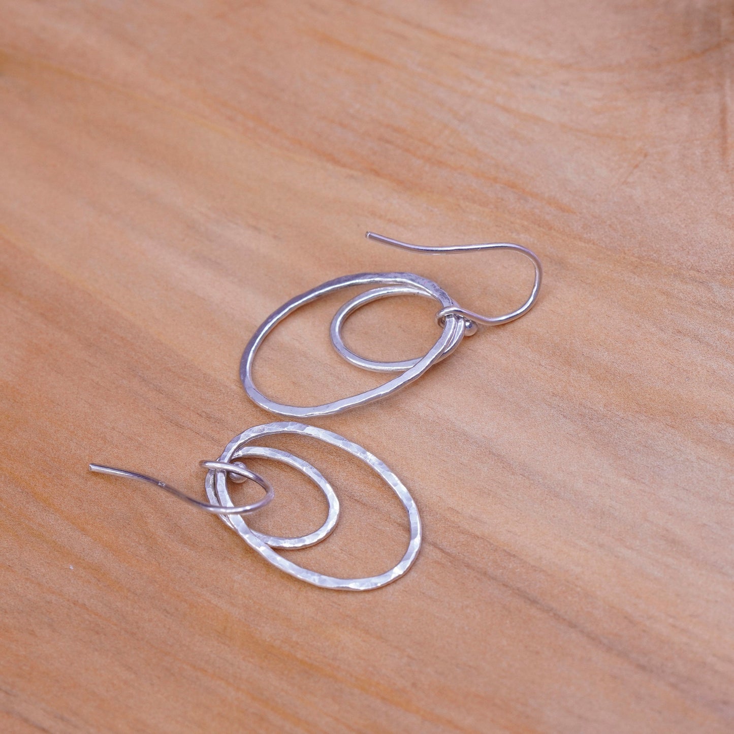 Vintage Sterling silver handmade earrings, 925 double oval circles dangle