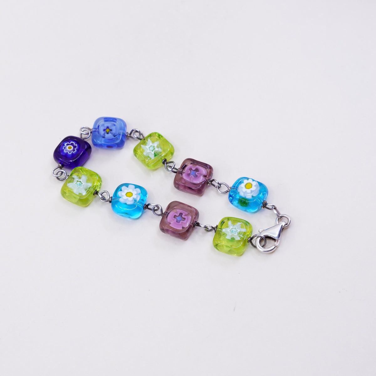 7”, Italy 925 Sterling 925 silver beads bracelet w/ artisan Murano glass