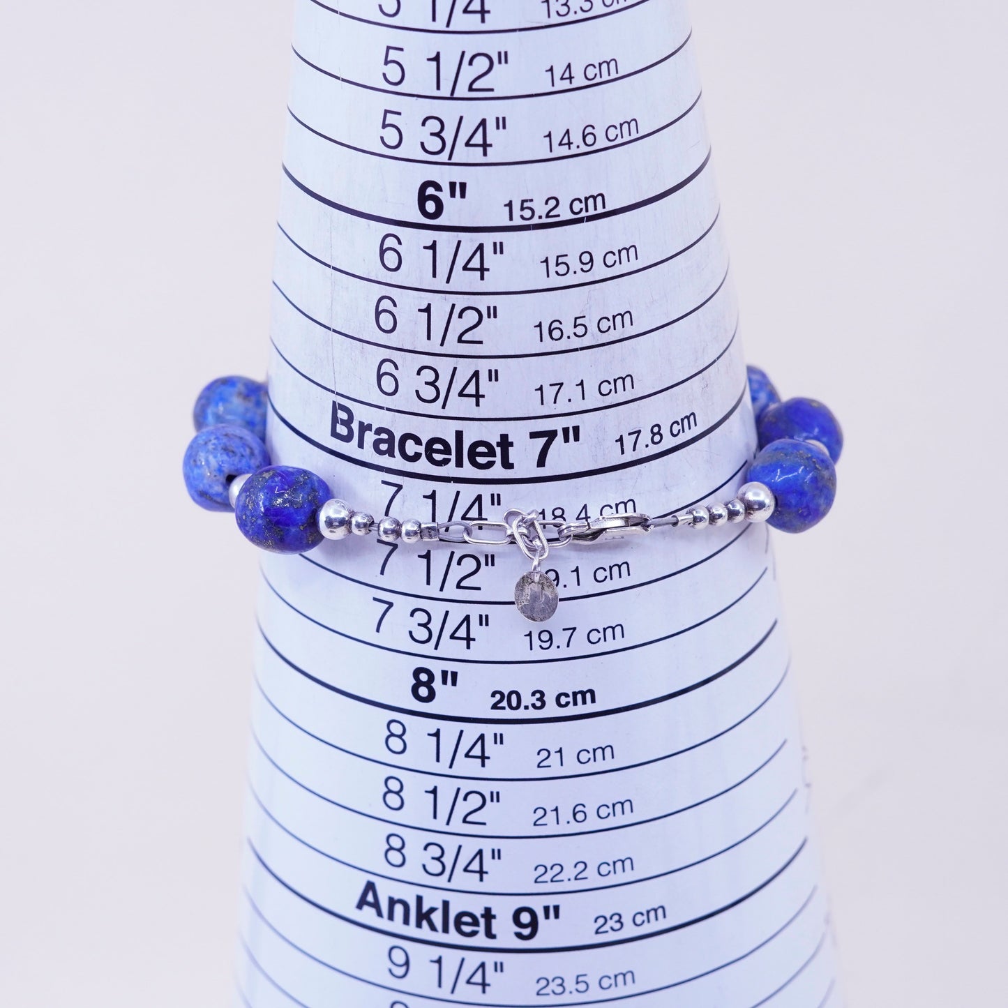 7.5+1”, Vintage Sterling 925 silver Handmade bracelet 10mm lapis lazuli beads