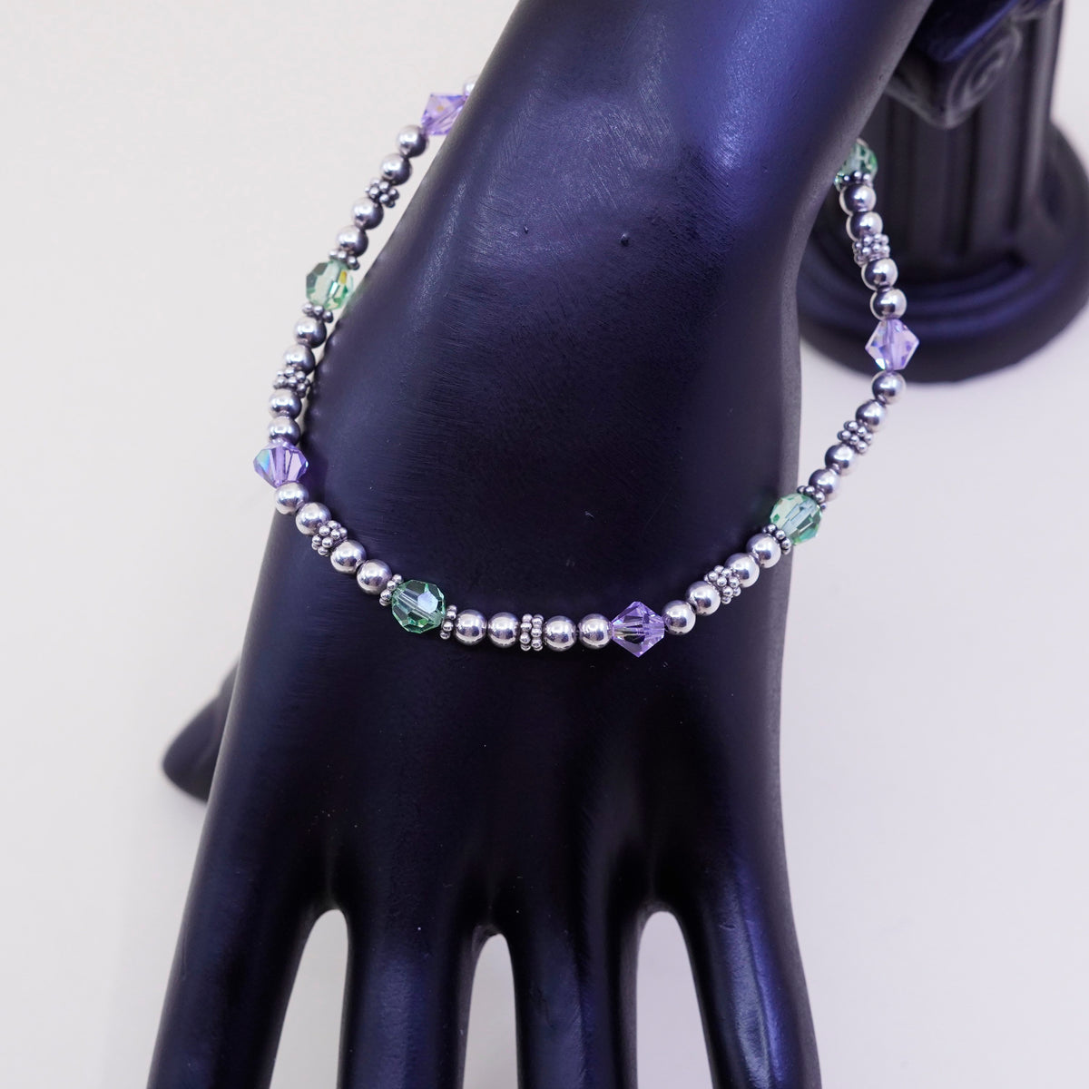 9.75”, vintage Sterling silver handmade bracelet, 925 beads anklet with crystal