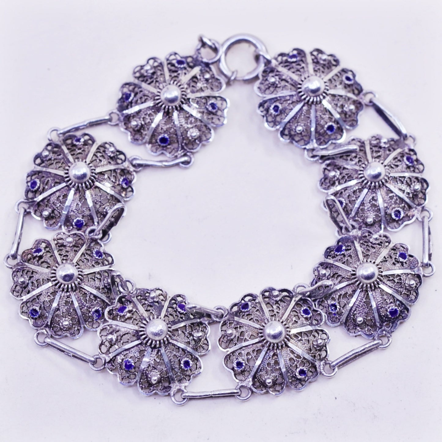 7.25”, vintage sterling silver handmade bracelet, filigree floral link chain