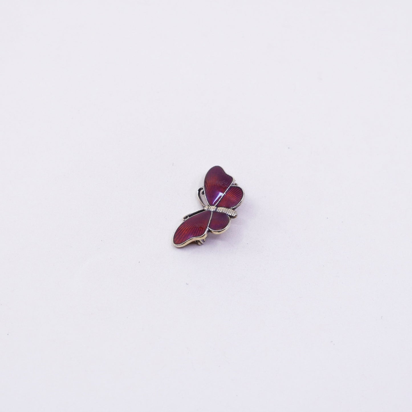 vintage Norway Sterling silver handmade brooch, 925 butterfly pin w/ red enamel