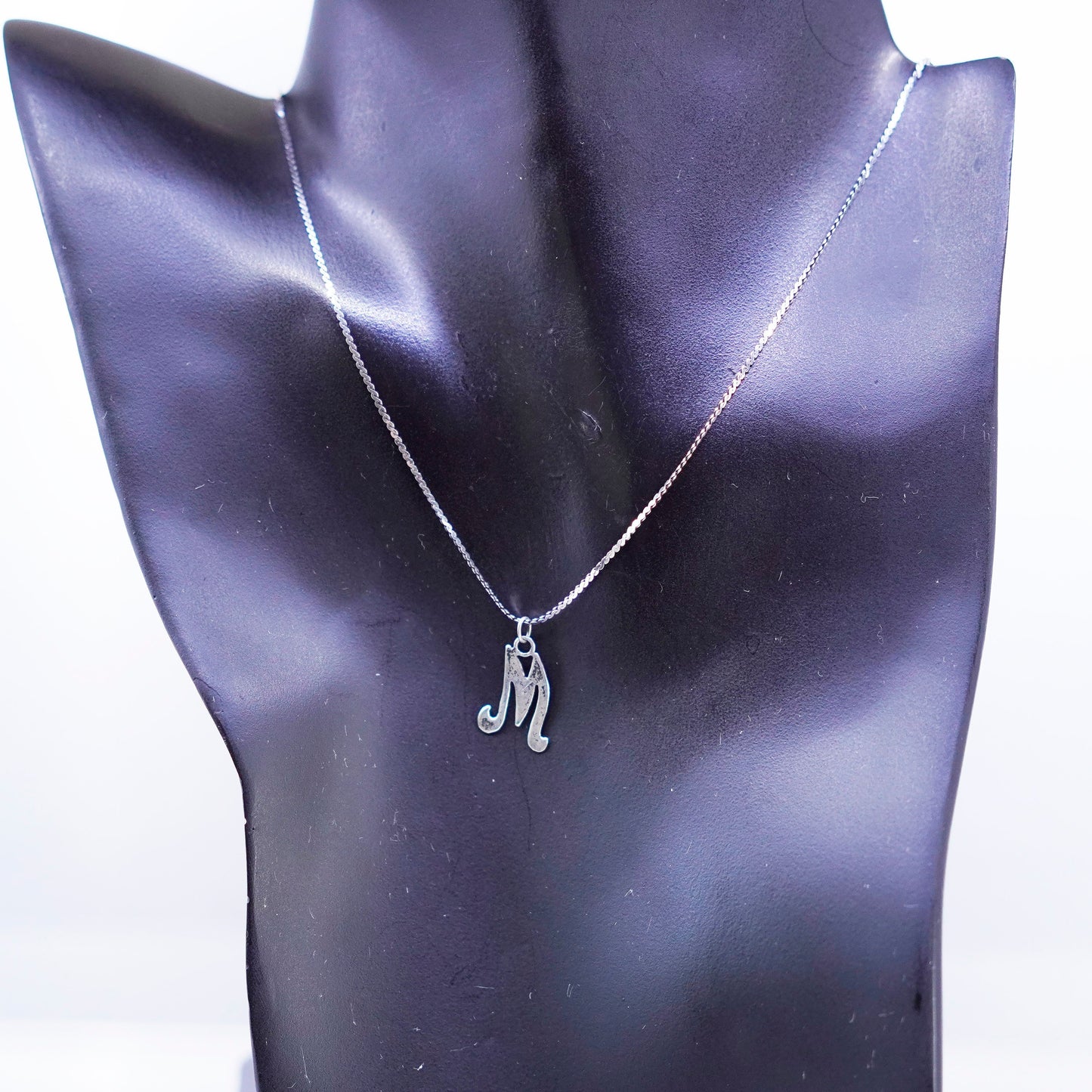 22”, vintage Sterling silver necklace, 925 s link woven chain letter M pendant