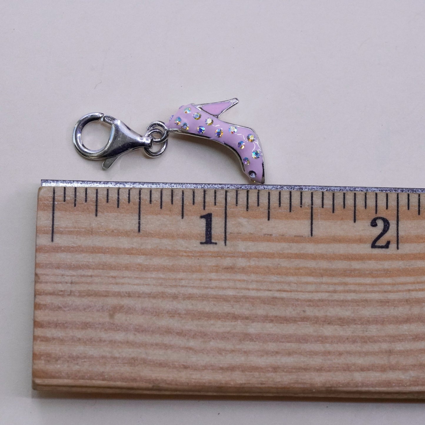 vtg RCI sterling silver handmade pendant, 925 pink enamel high hell charm cz