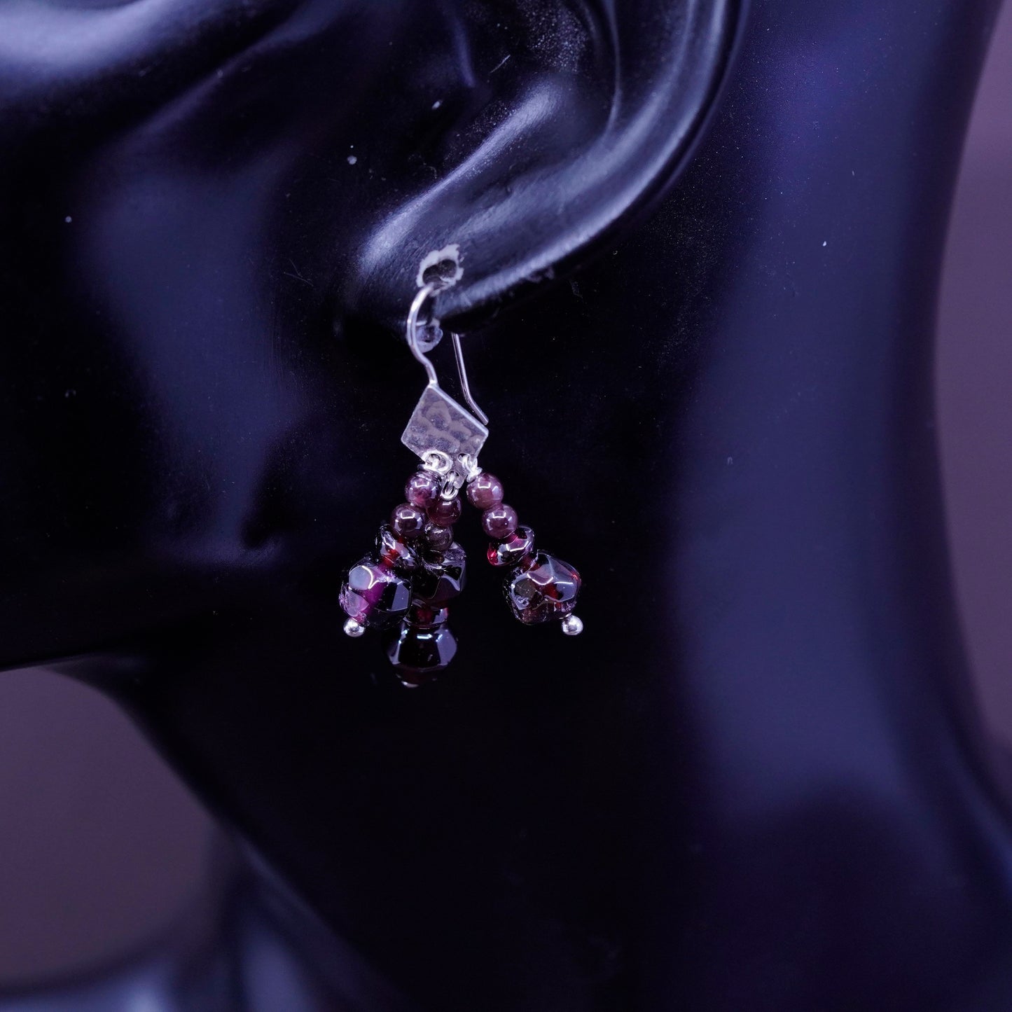 Vintage Sterling silver handmade earrings, 925 disc with garnet beads