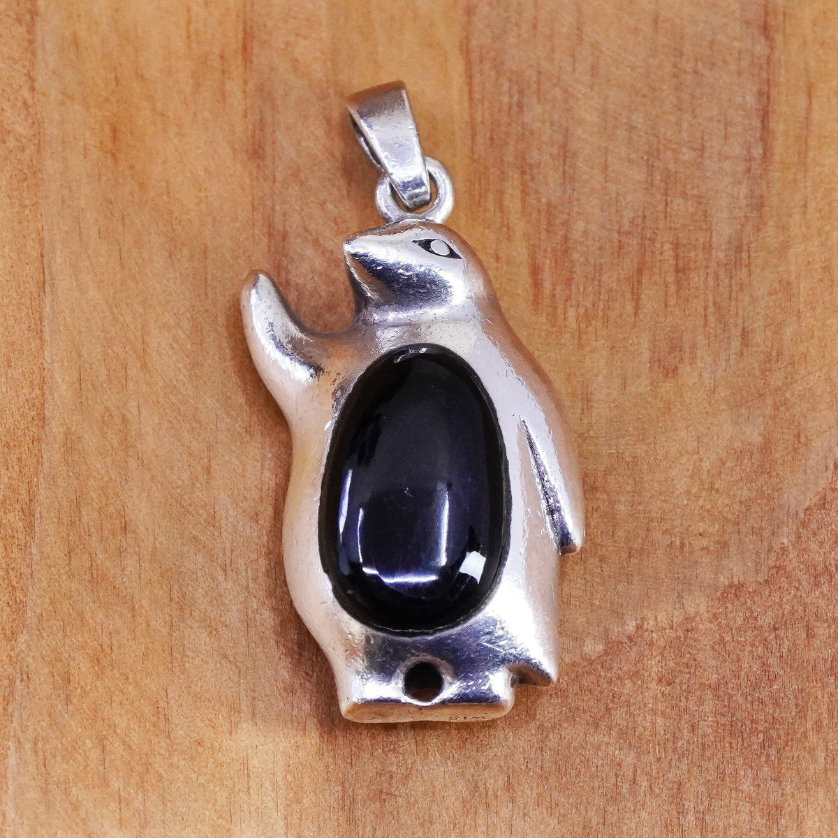 Vintage Sterling silver handmade pendant, 925 bird penguin with black onyx