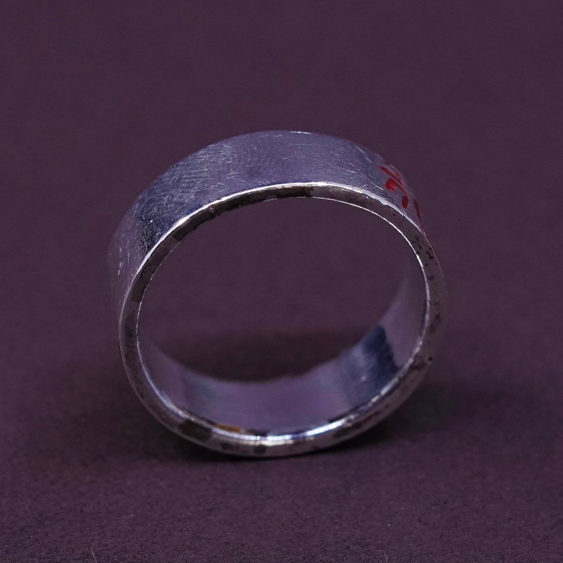 sz 10, vtg Sterling silver ring, 925 wide band w/ Chinese character “dragon”