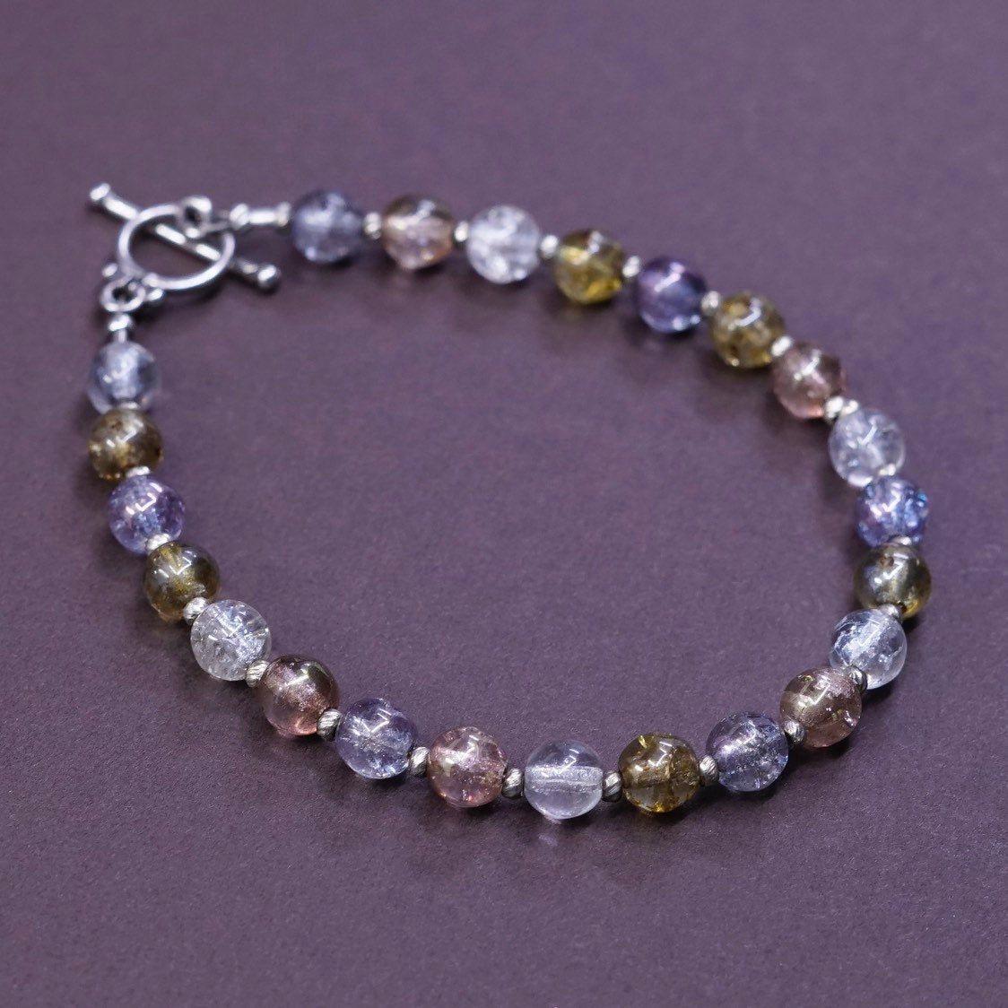 7", vtg Sterling silver handmade chain crystal beads bracelet w/ toggle closure