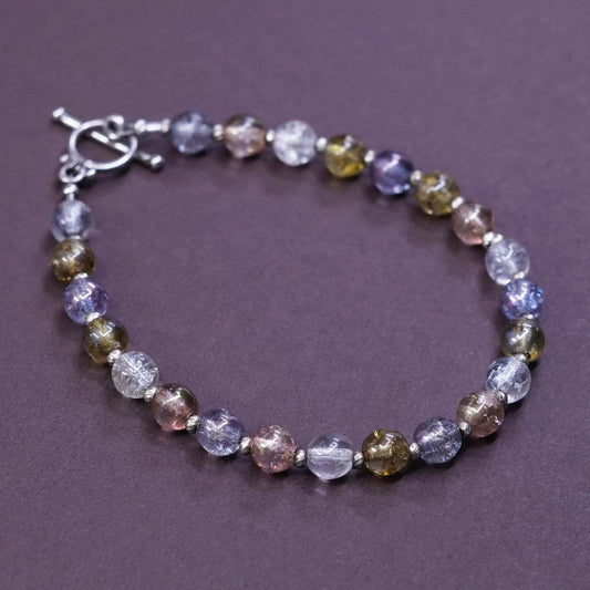 7", vtg Sterling silver handmade chain crystal beads bracelet w/ toggle closure