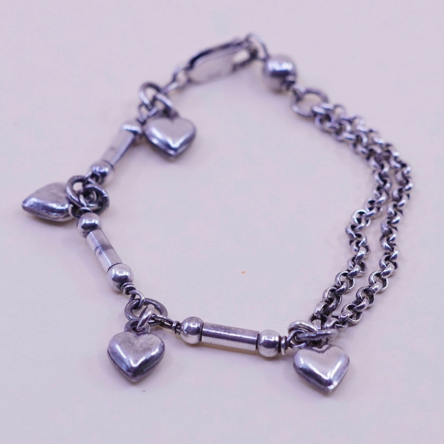 7”, sterling 925 silver circle bracelet, strands circle chain and heart charms