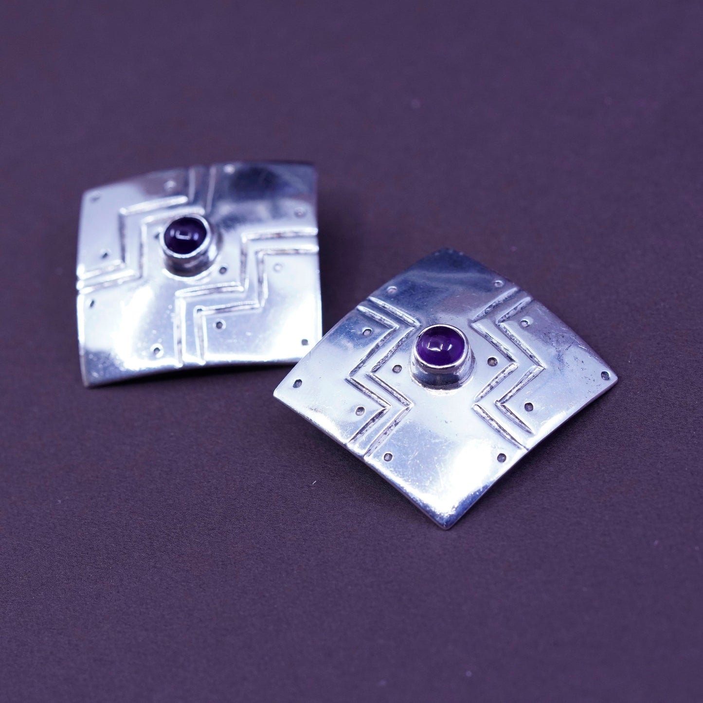 mexico Sterling silver handmade earrings, modern 925 square clip on w/ amethyst