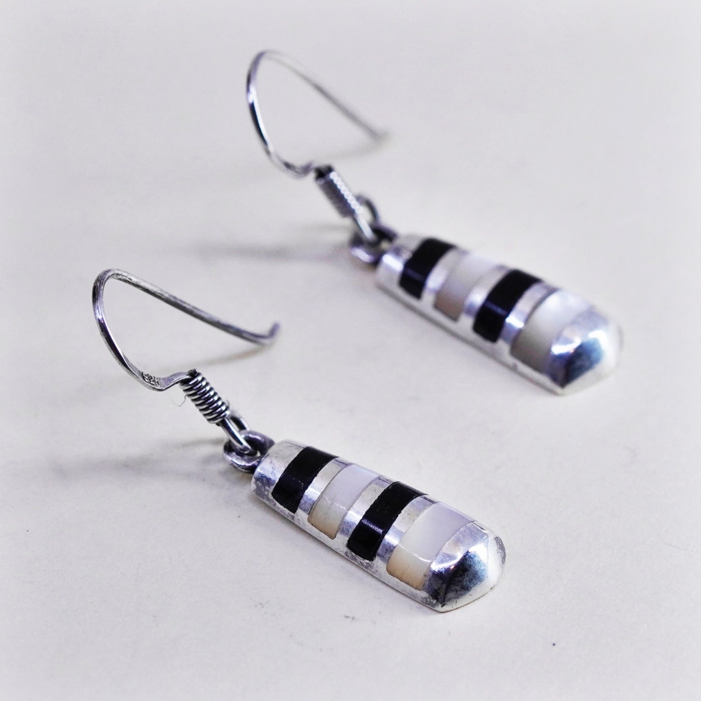 Vintage Sterling 925 silver handmade earrings with mother of pearl and obsidian