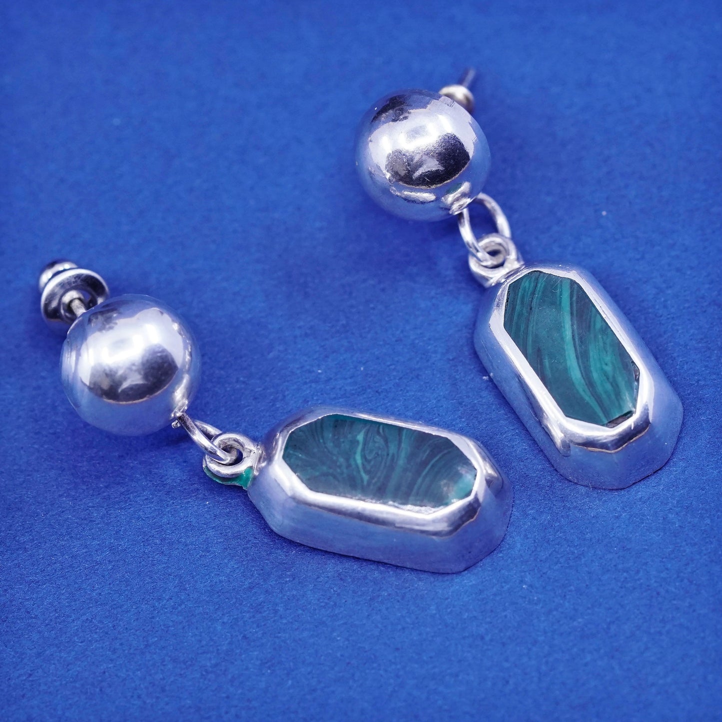 Vintage mexico sterling silver handmade earrings, 925 dangles with malachite