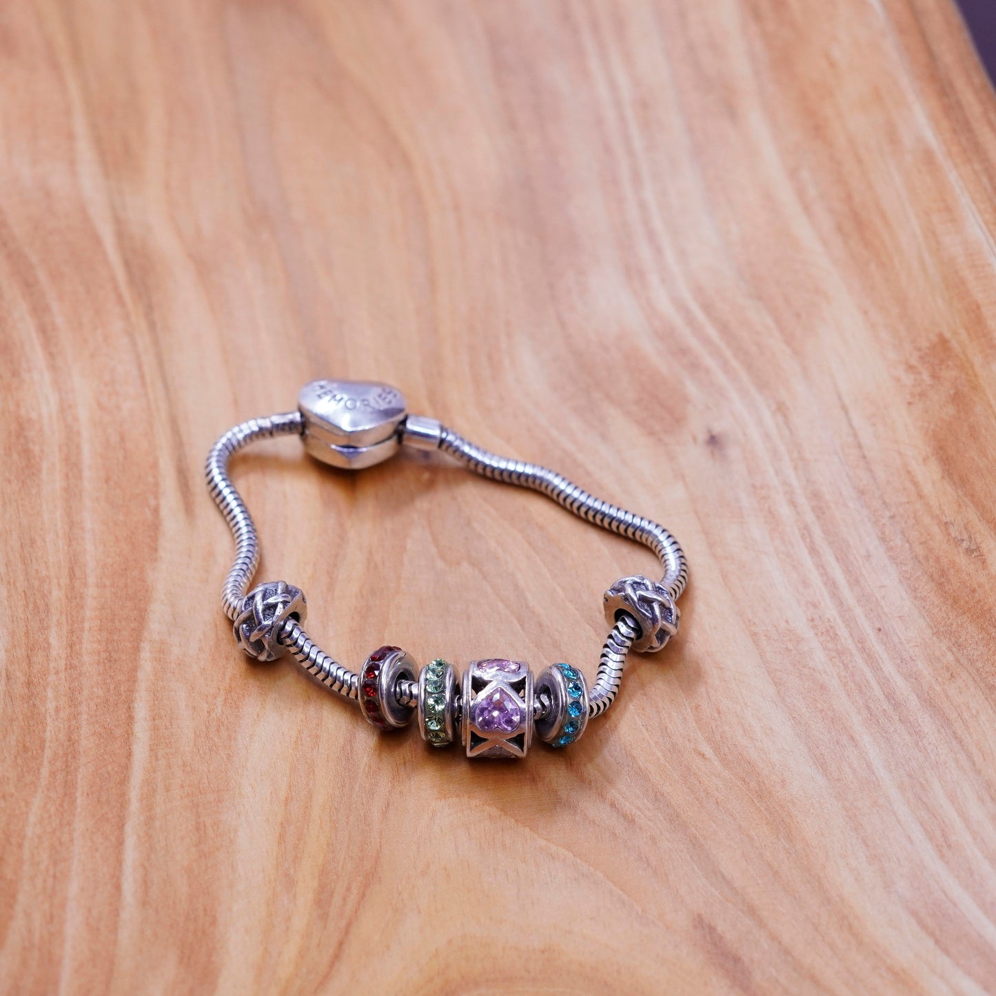 6.25”, RJ sterling silver bracelet, 925 snake chain charms memories heart