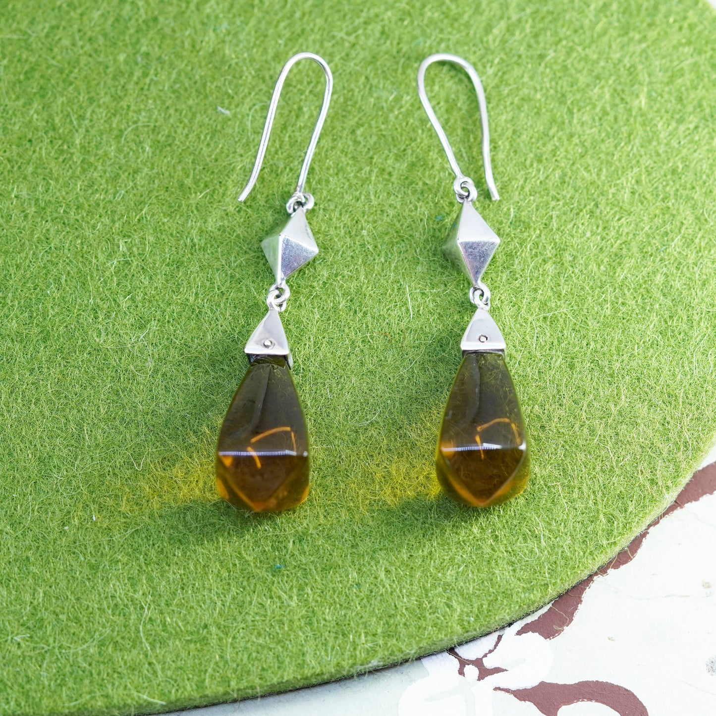 vtg Hong Kong sterling 925 silver handmade earrings with teardrop smoky quartz