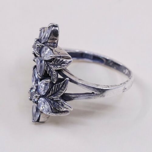 Size 8.25, Vtg Cadena Jewelry Sterling 925 Silver Handmade Flower Ring w/ Cz