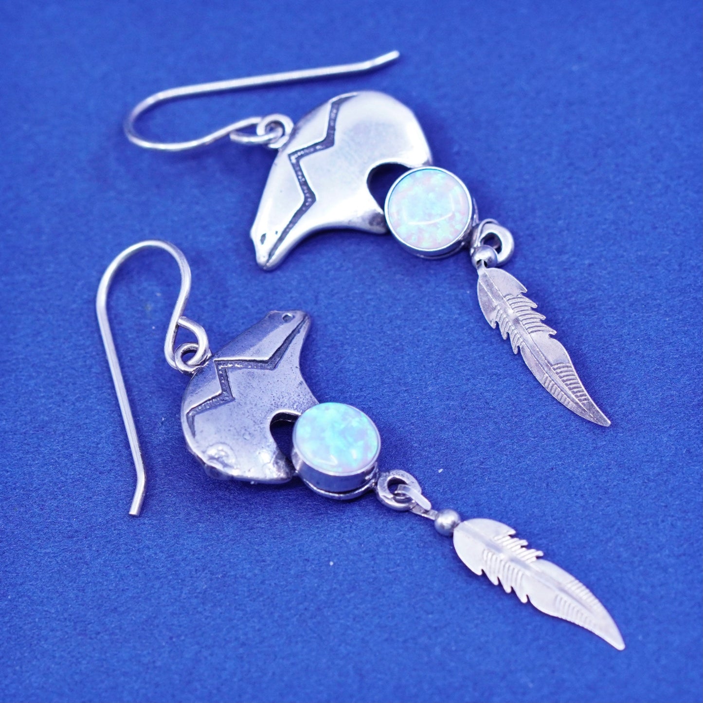 Navajo Glenn Irene sterling 925 silver handmade bear with opal feather dangles